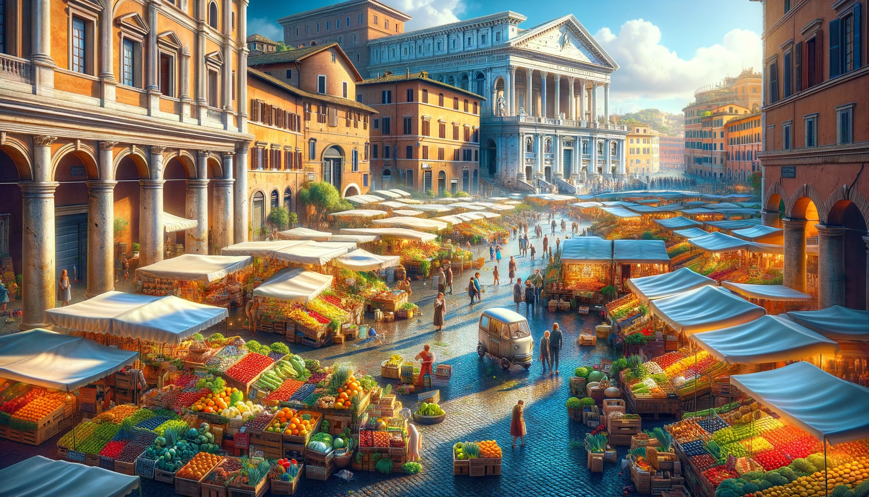Vue panoramique des marchés populaires de Rome, mettant en avant la diversité et l'authenticité des marchés italiens