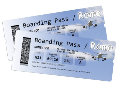 Guide illustré pour voyager à Rome en avion, incluant une image de carte d'embarquement