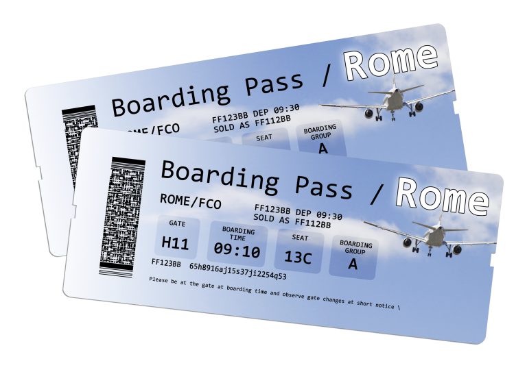 Guide illustré pour voyager à Rome en avion, incluant une image de carte d'embarquement