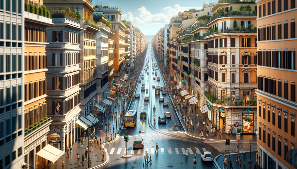 Rue animée de la Via Cola di Rienzo dans le quartier du Prati, mettant en valeur la diversité des commerces et la culture du shopping.