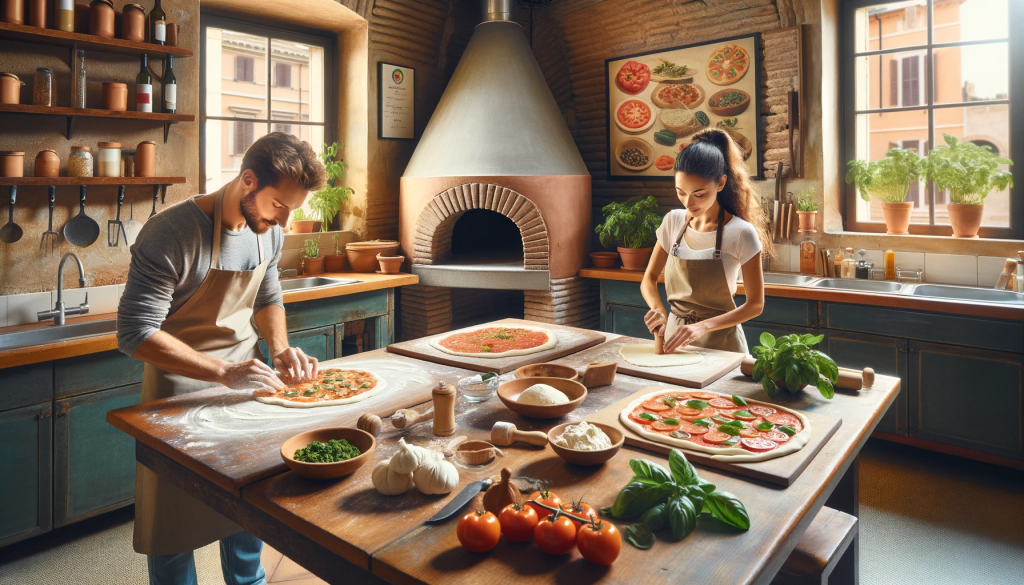 Touristes apprenant à faire de la pizza artisanale dans un atelier à Rome
