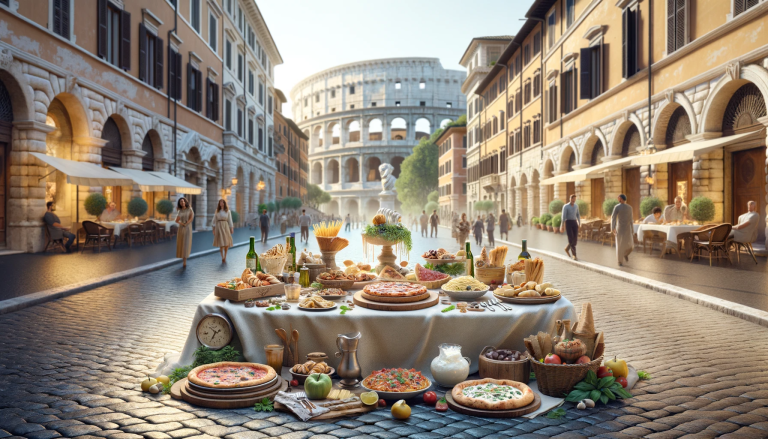 Délicieuses spécialités italiennes faites maison, présentées sur une table dans une pittoresque rue romaine, avec des ingrédients frais et de qualité.