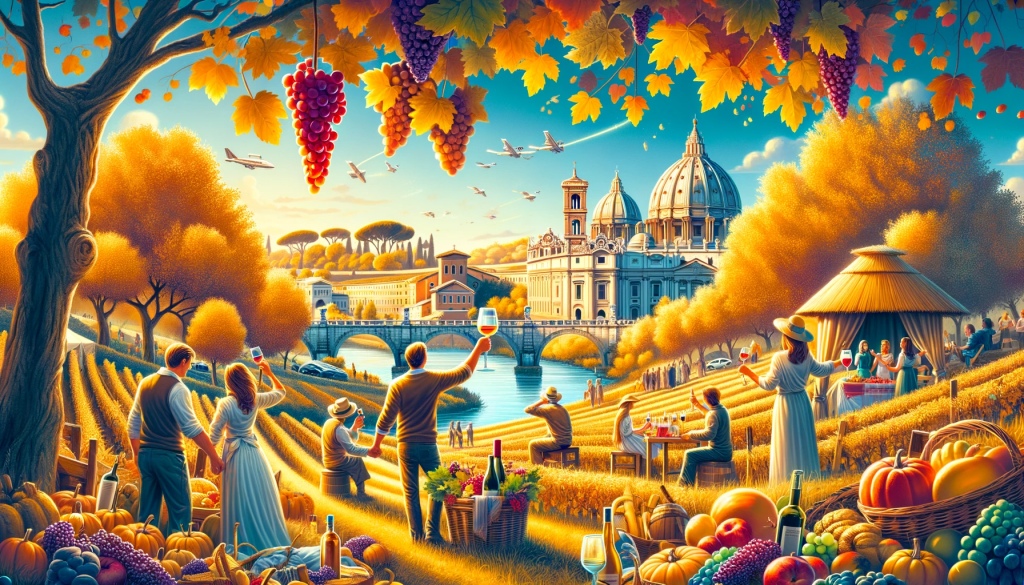 Scène d'automne à Rome avec des célébrations traditionnelles et des récoltes colorées