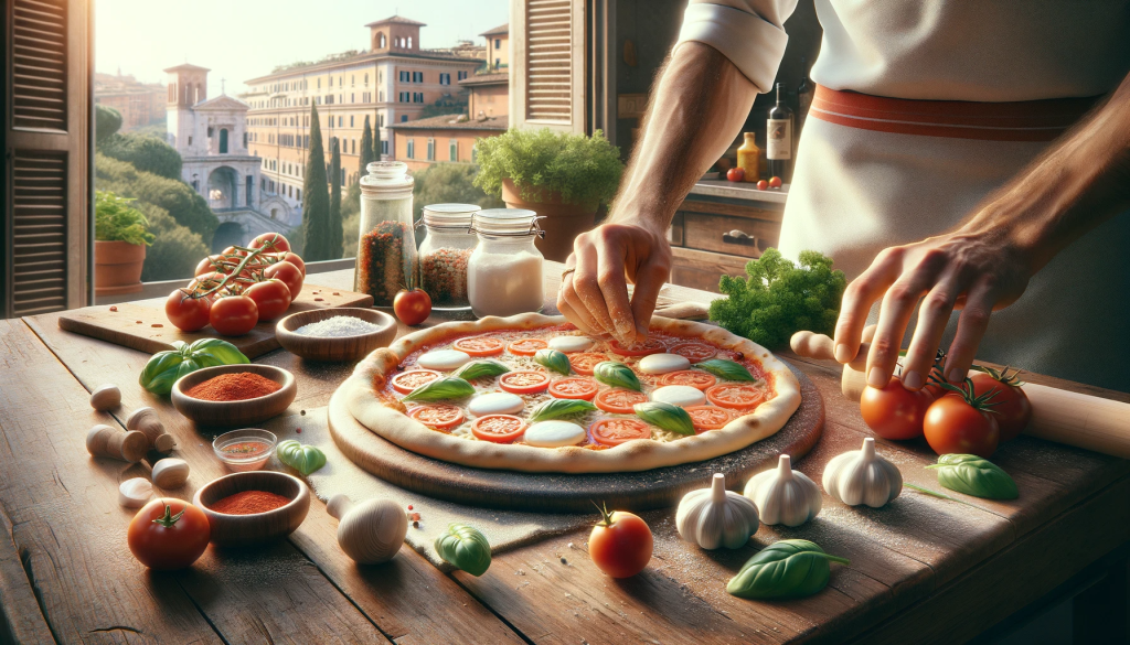 Chef italien à Rome faisant une pizza fraîche avec des ingrédients locaux