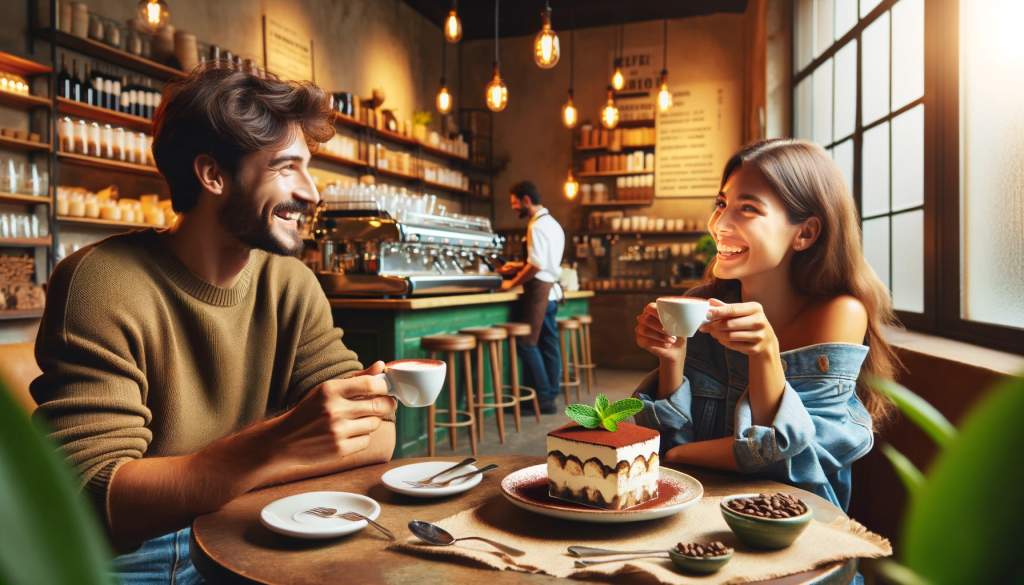 Couple assis dans un café romain dégustant un café et un tiramisu