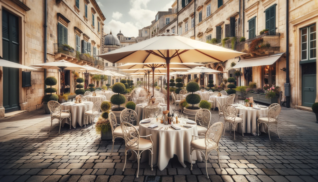 Tables raffinées d'un restaurant situé dans une pittoresque rue romaine, symbolisant la gastronomie italienne.