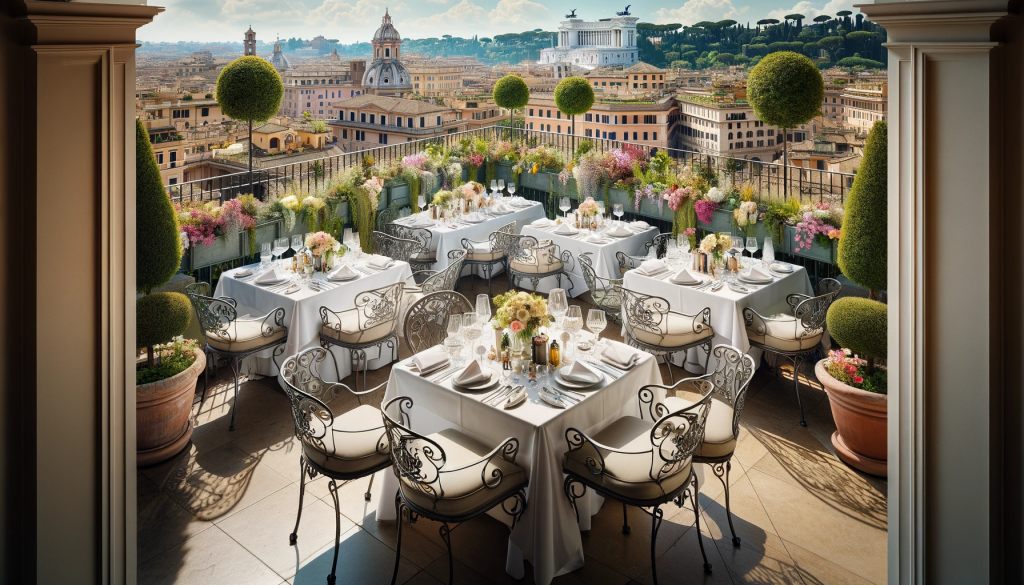 Vue aérienne d'un rooftop sophistiqué surplombant le paysage urbain historique de Rome