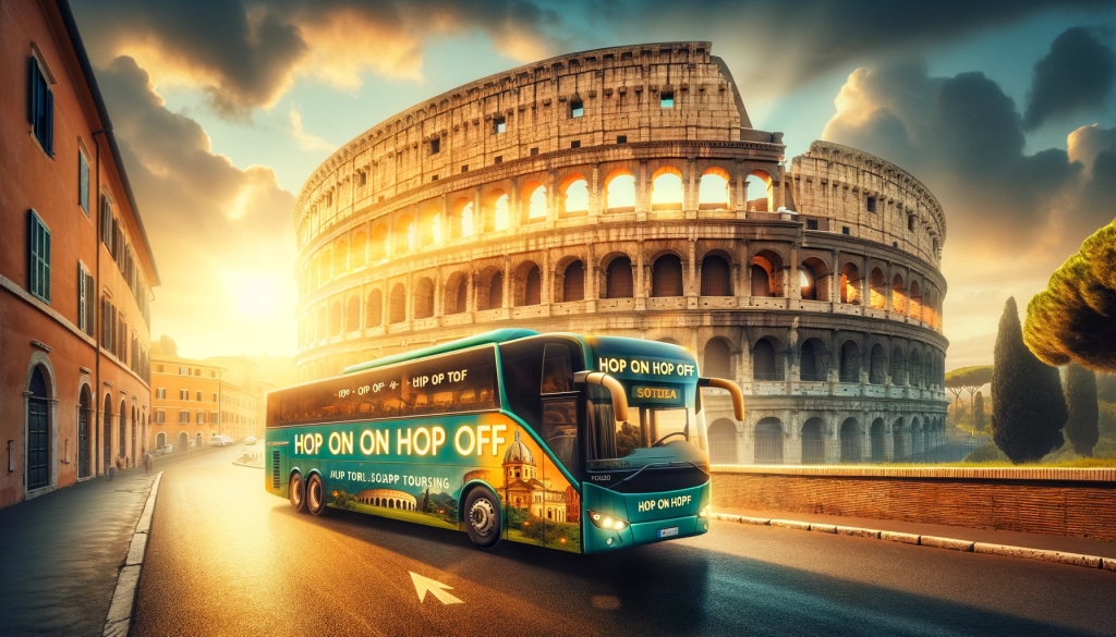 Bus touristique Hop On Hop Off devant le Colisée à Rome, Italie, symbole du tourisme historique et urbain.