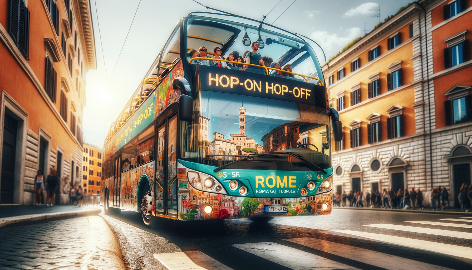 Bus touristique hop-on hop-off circulant dans une rue animée de Rome, idéal pour explorer la ville