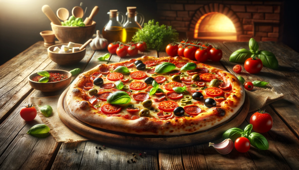 Délicieuse pizza italienne faite maison avec des ingrédients frais, servie sur une table à Rome