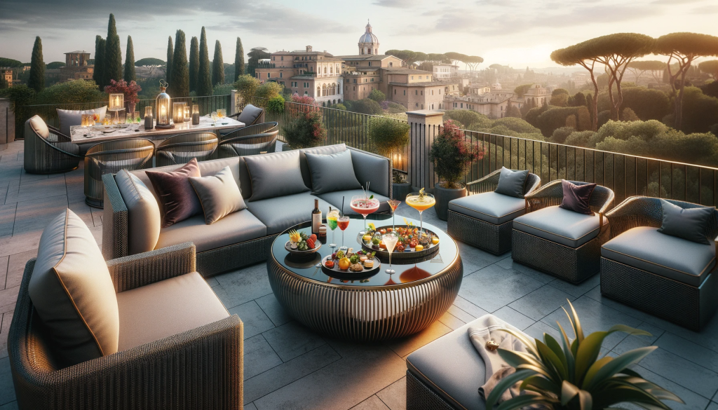 Rooftop élégant d'un hôtel de luxe à Rome offrant une vue imprenable sur la ville