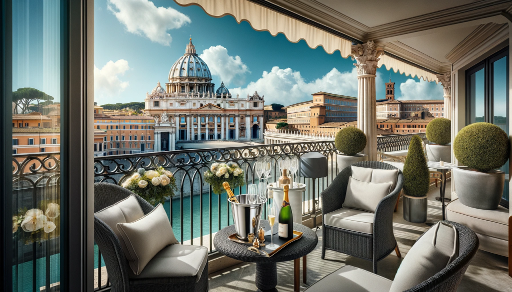 Vue imprenable sur Rome depuis la terrasse d'un hôtel de luxe, avec mobilier élégant et ambiance sereine