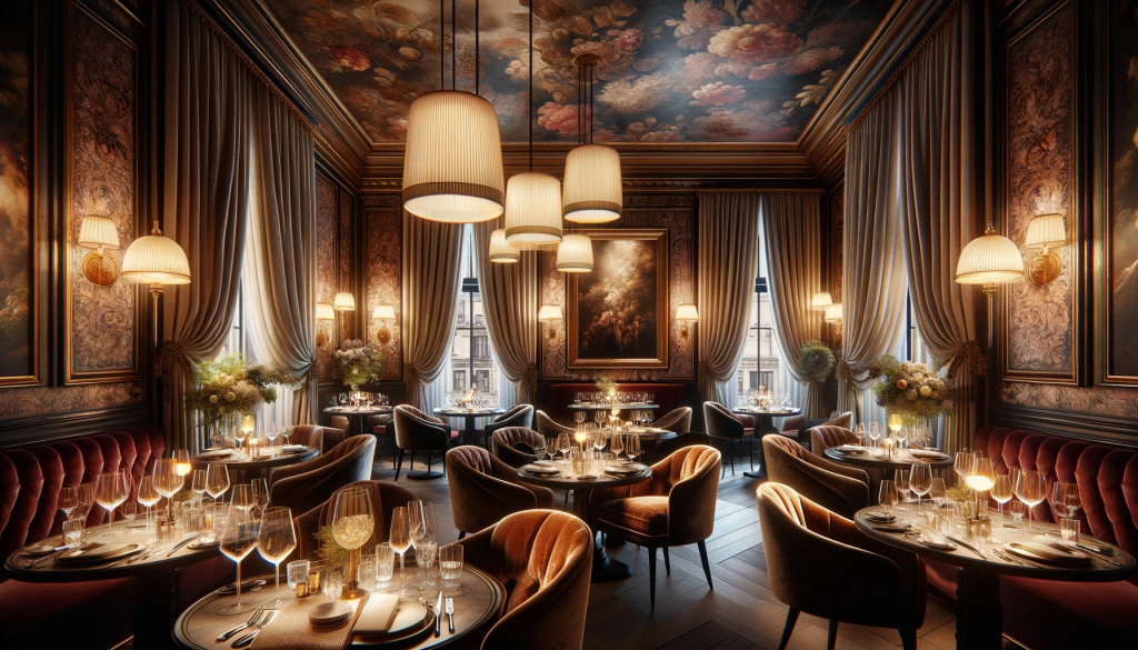 Tables raffinées dans un restaurant de luxe à Rome, décoration soignée et ambiance prestigieuse.