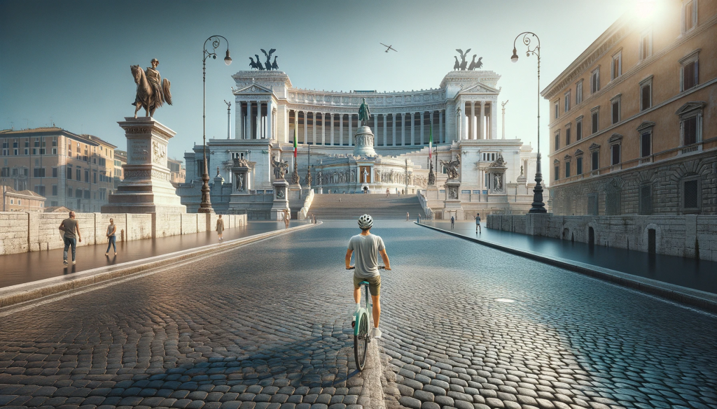 Homme louant un vélo pour explorer Rome, admirant le majestueux Monument à Victor-Emmanuel II
