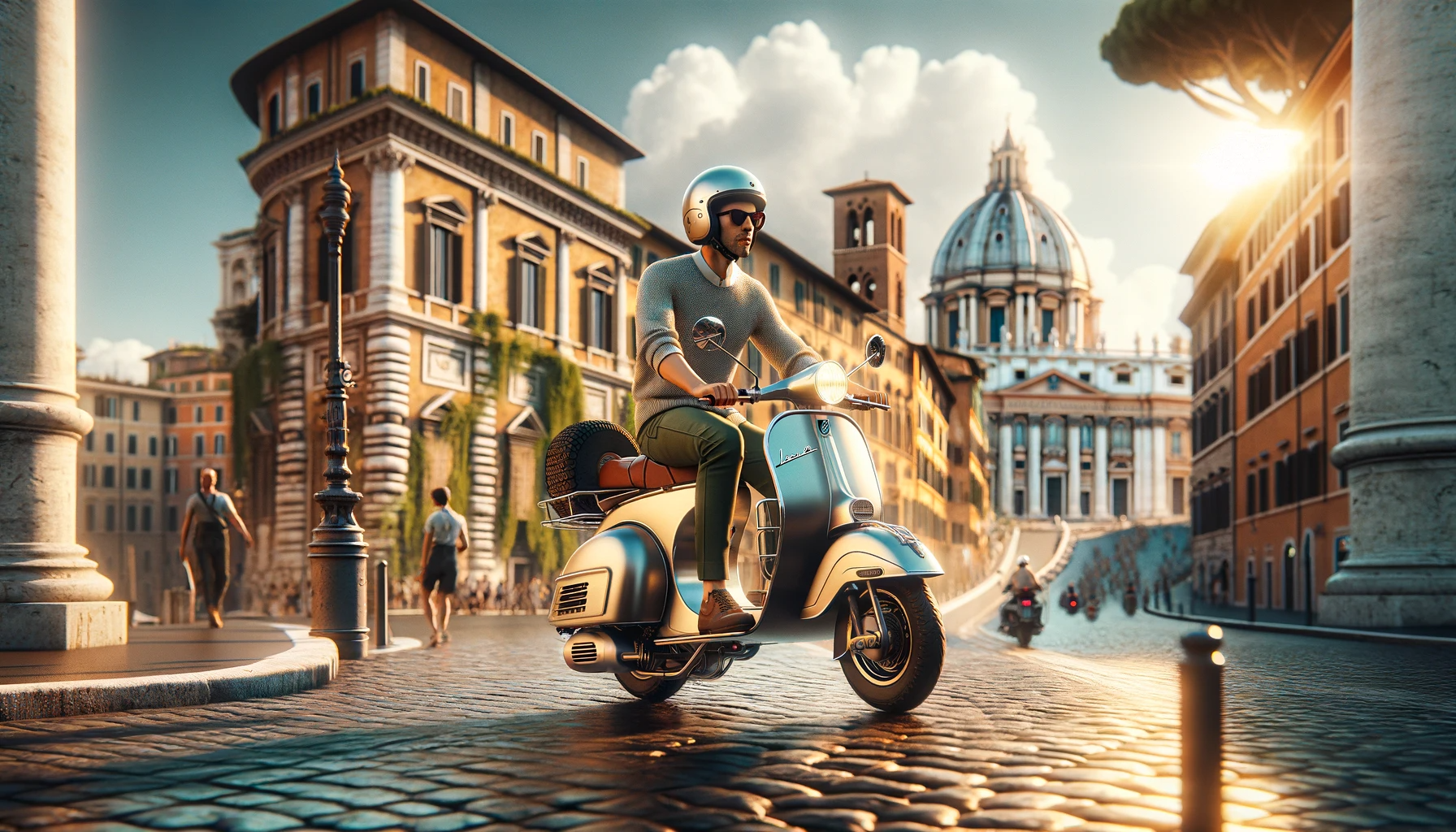 Homme sérieux conduisant une Vespa louée dans les rues pittoresques de Rome