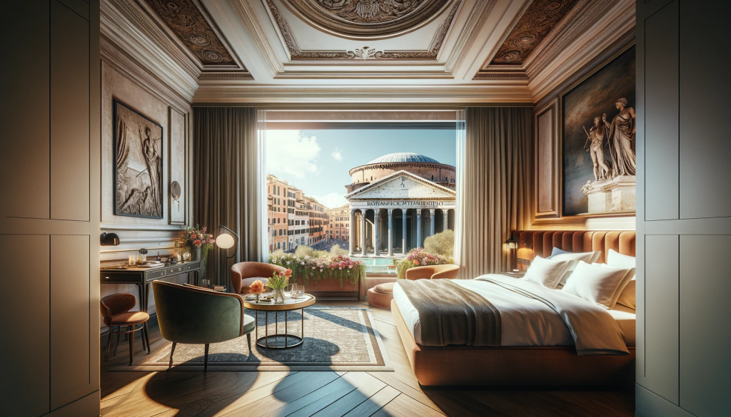 Chambre élégante et sobre d'un hôtel moderne à Rome, offrant une vue imprenable sur le Panthéon