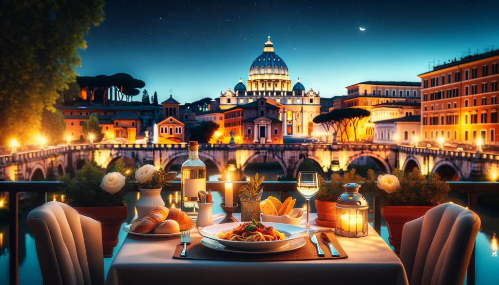Table de restaurant en terrasse offrant une vue pittoresque sur le Tibre et la Basilique Saint-Pierre à Rome, garnie de spécialités italiennes.