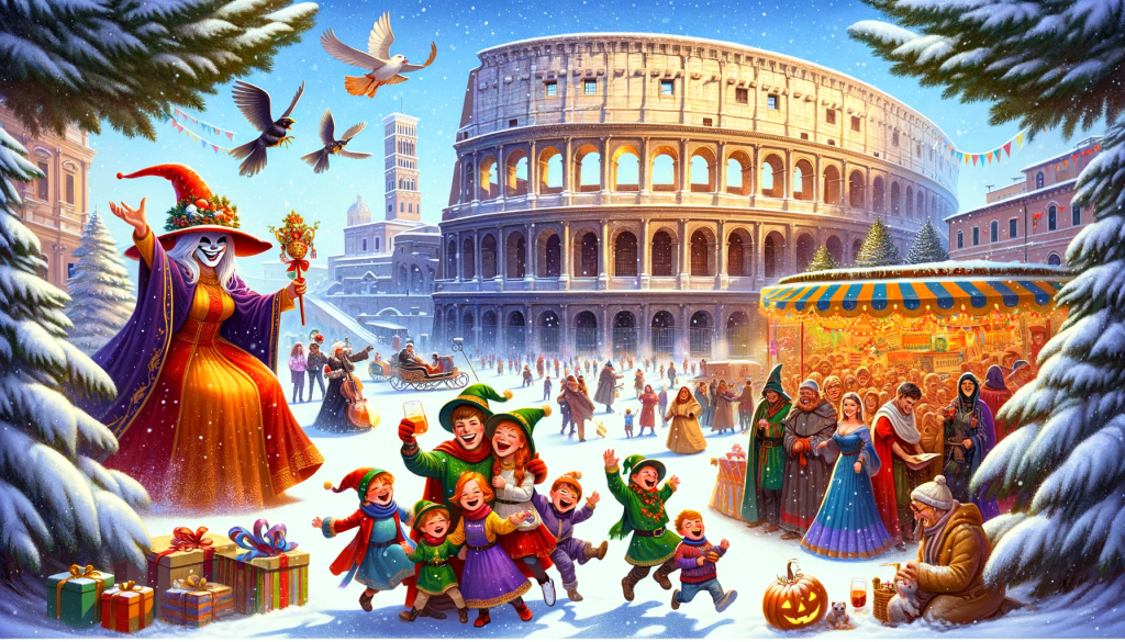 Scène d'hiver à Rome avec festivités de Capodanno, enfants célébrant l'Épiphanie avec Befana, et costumes colorés du Carnaval Romain.