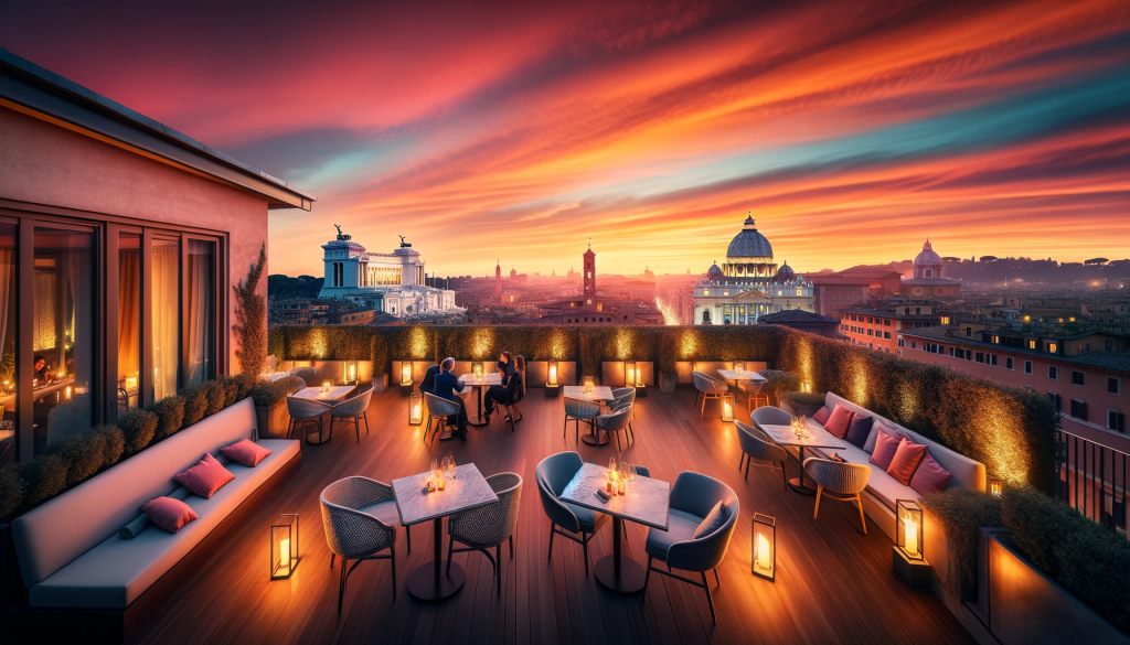 Vue panoramique depuis un rooftop à Rome au coucher du soleil, avec des silhouettes de monuments historiques