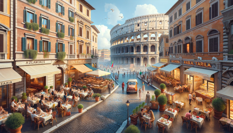 Restaurants avec terrasse offrant une vue sur le Colisée à Rome, Italie