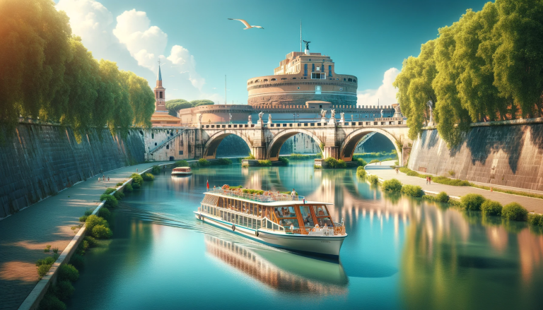 Croisière sur le fleuve Tibre à Rome, offrant une vue magnifique sur le château historique et le pittoresque Pont Saint-Ange