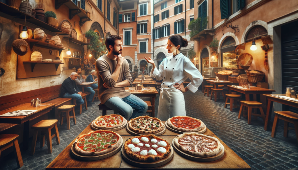 Touriste dégustant une pizza avec un pizzaiolo dans un restaurant en plein air à Rome
