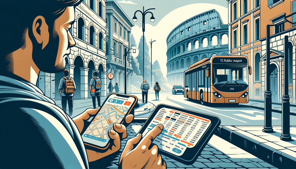 ouriste à Rome consultant son itinéraire sur des applications mobiles, notamment ATAC Rome et Google Maps, pour une expérience de voyage enrichissante