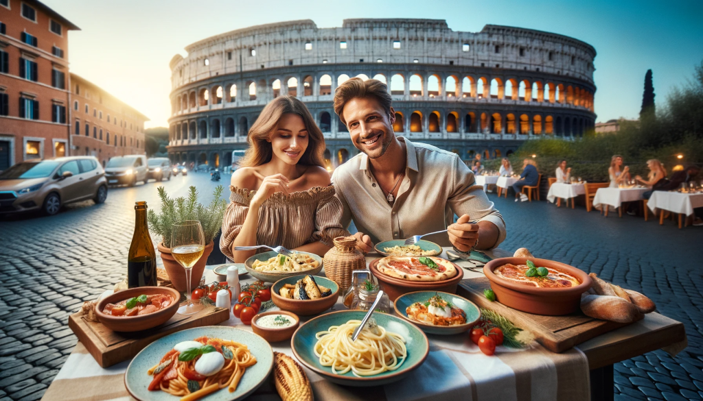 Couple en train de déguster des spécialités italiennes à une table en plein air, avec le Colisée en arrière-plan à Rome