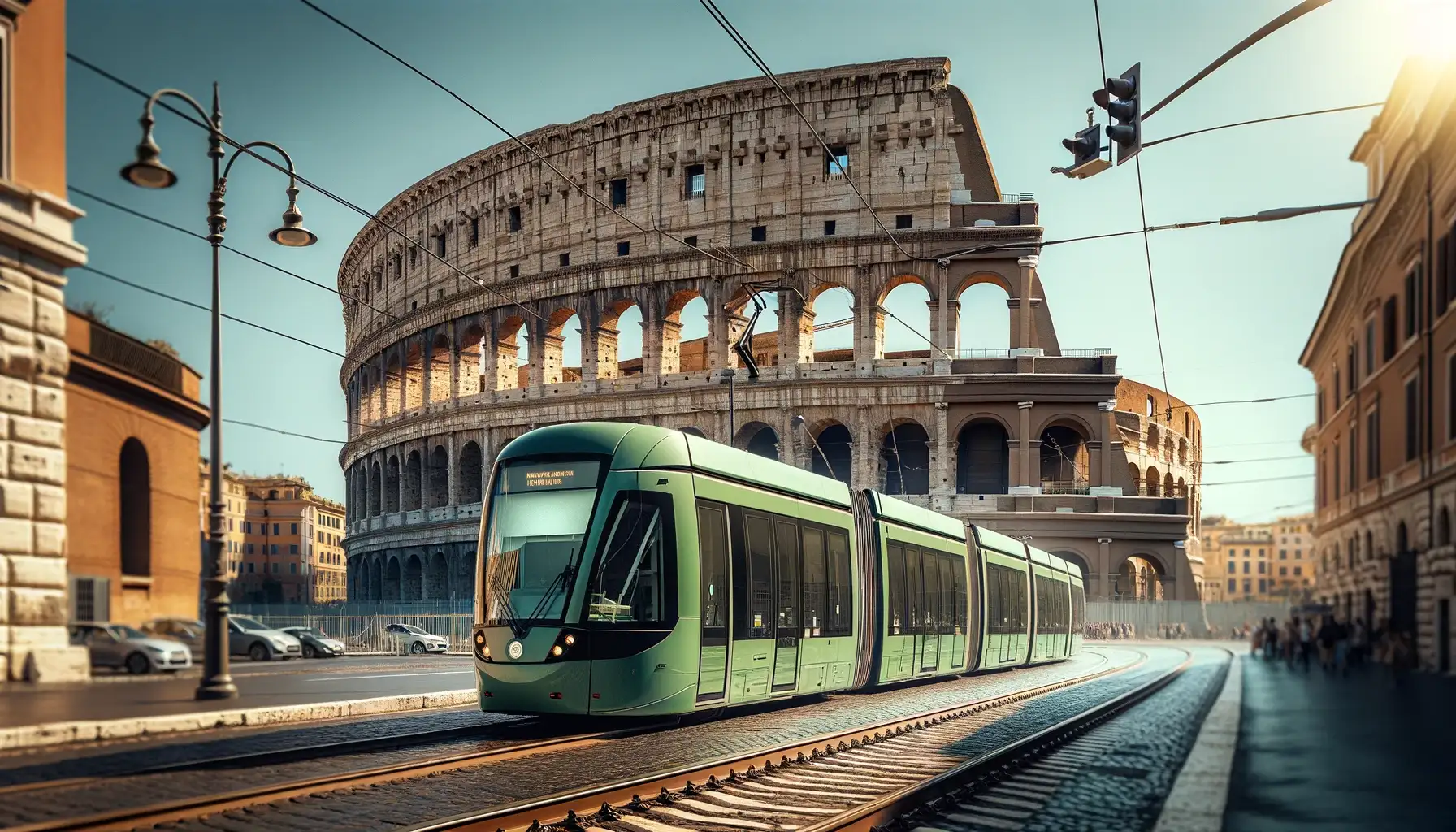 Tramway moderne circulant devant le Colisée historique à Rome, Italie