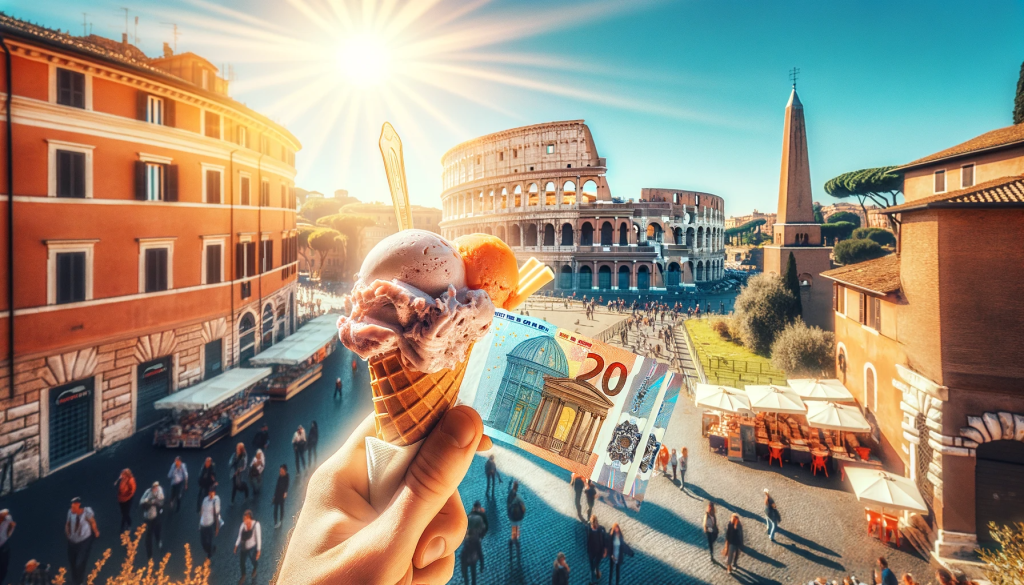 Touriste gérant son budget en euros pour profiter de gelato à Rome