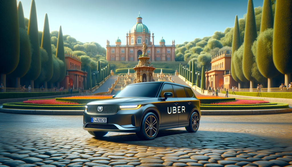 Uber élégant stationné devant une villa luxueuse, située non loin de Rome, offrant un service de transport premium et raffiné.