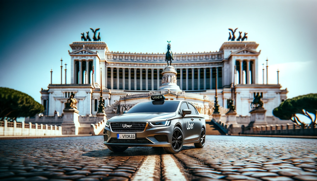 Taxi Uber devant le majestueux Monument à Victor-Emmanuel II à Rome, Italie