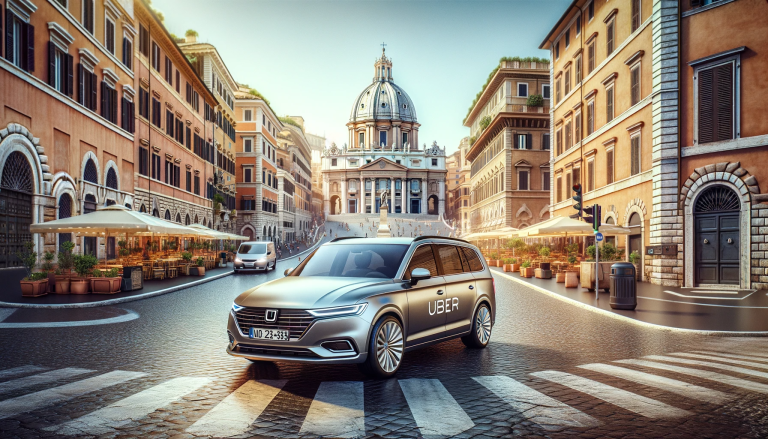 Uber circulant dans une rue pittoresque de Rome, offrant un service de transport rapide et fiable.