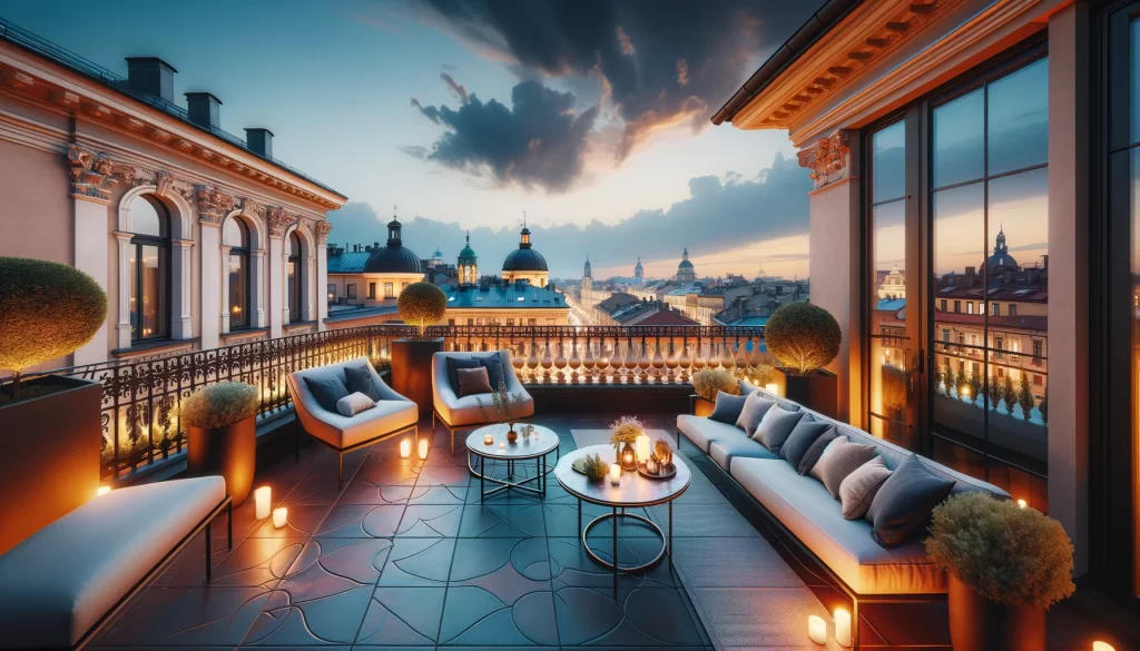 Terrasse d'un hôtel à Rome avec vue sur la ville au crépuscule