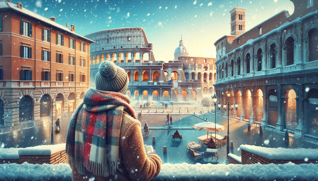 Rome en hiver avec rues calmes et monuments sous un ciel clair