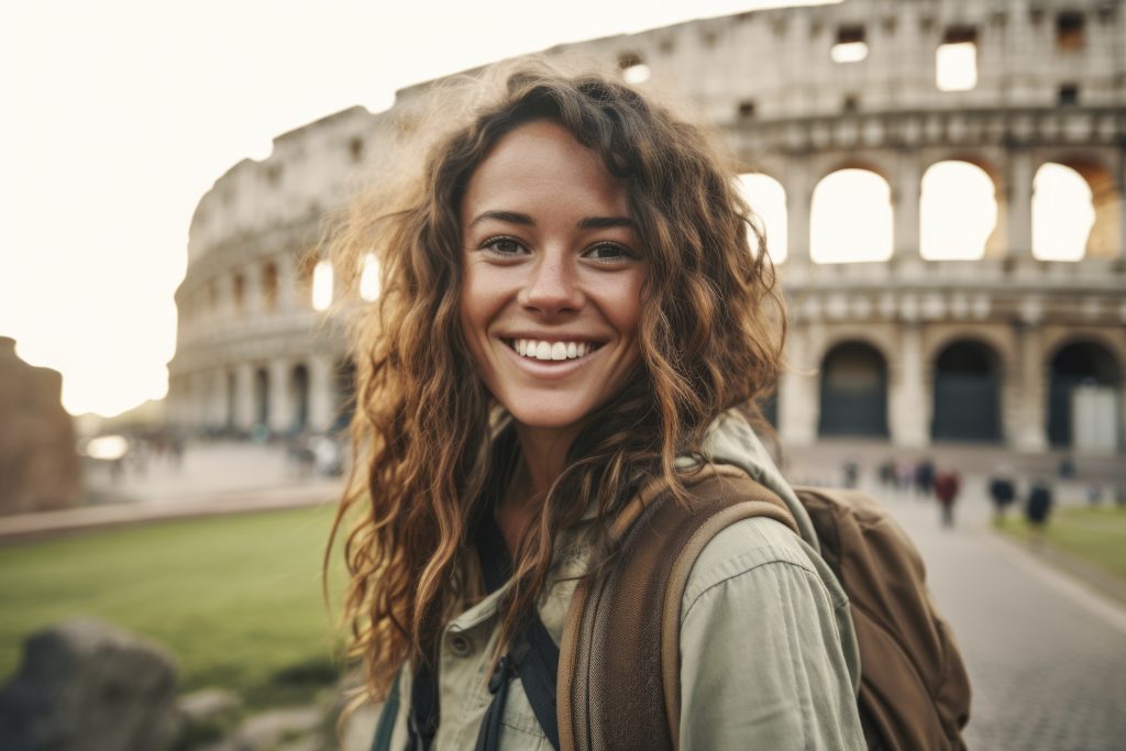 Touriste femme admirant le Colisée à Rome lors d'une journée ensoleillée de printemps