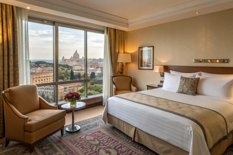 Chambre d'hôtel confortable avec vue sur les monuments touristiques de Rome.