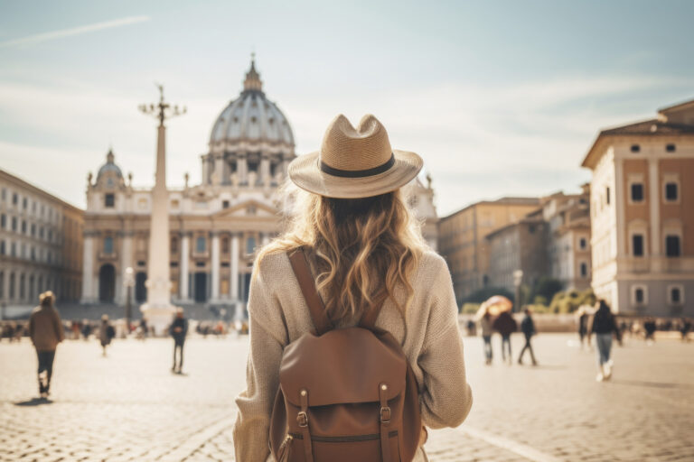 Guide des lieux à visiter. Femme visitant la place Saint Pierre et la Basilique Saint Pierre au Vatican.